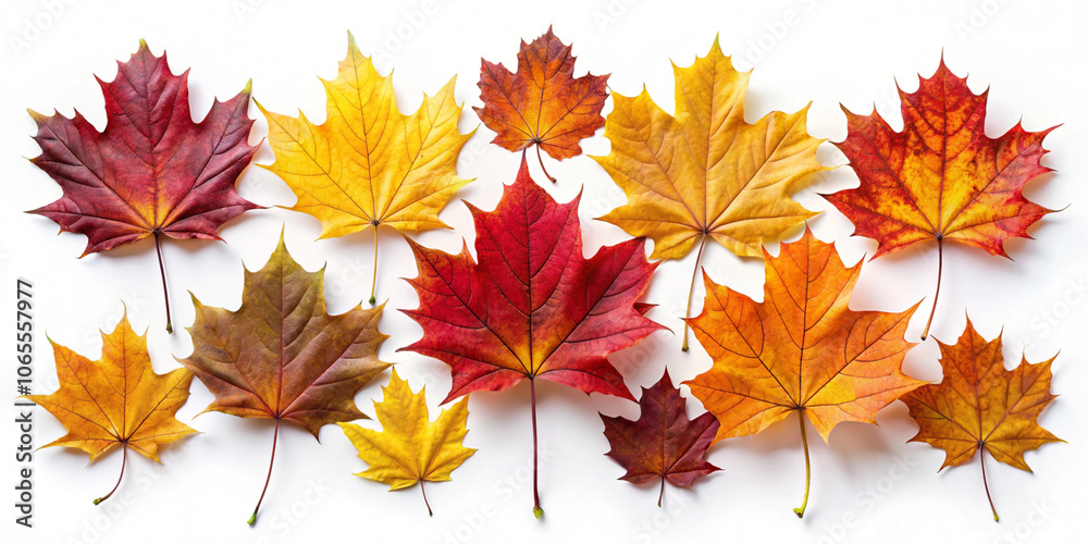 A vibrant collection of autumn leaves in shades of red, orange, and yellow, beautifully arranged on a white background, celebrating fall's colors. A vibrant collection of autumn leaves in shades of red, orange, and yellow, beautifully arranged on a white background, celebrating fall's colors.