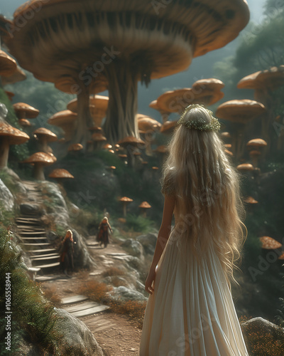 Girl in forest. ancient, Fairy trees, Fairy Mushrooms. Woman in a beautiful dress in the center of a lush forest. Fantasy beauty. Forest path with a walkway and trees. Magic fairytale scene in the sur photo