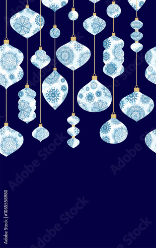 Colorful decorative Christmas adornments, garlands,  ornamental baubles,  border ornament