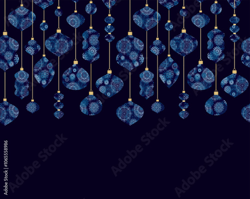 Colorful decorative Christmas adornments, garlands,  ornamental baubles,  border ornament