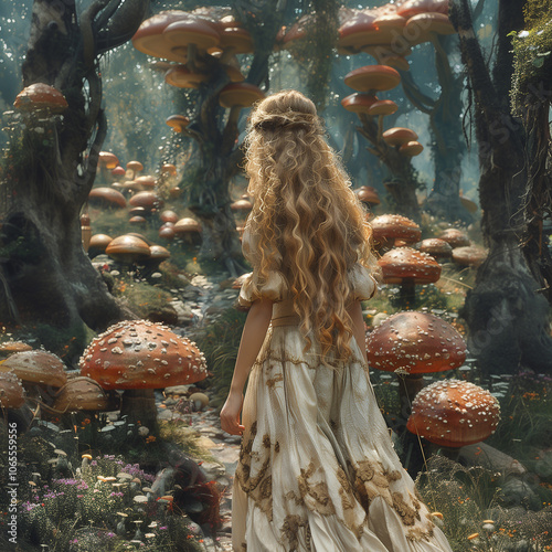 Girl in a Foggy Forest. Enchanting Mushroom Forest Path. Magic fairytale scene in the surreal fantasy world. Fairy in a beautiful dress in the center of a lush forest. photo