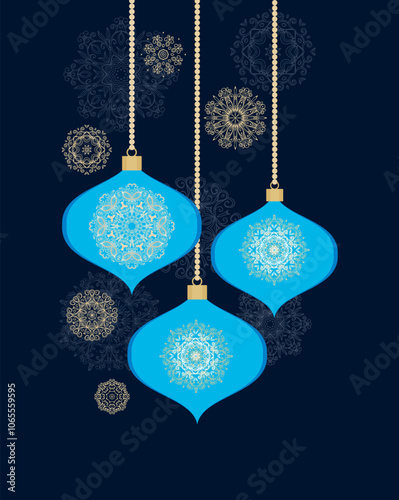 Colorful decorative Christmas adornments, garlands,  ornamental baubles,  border ornament