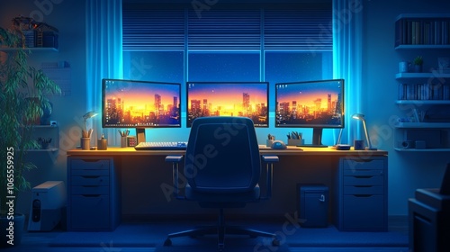 Modern Home Office with Triple Monitor Setup  Desk  Chair  Night City View photo