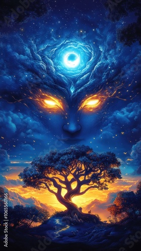 Third eye glowing with spiritual roots and branches, AI generated photo