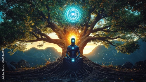 Third eye glowing with spiritual roots and branches, AI generated photo