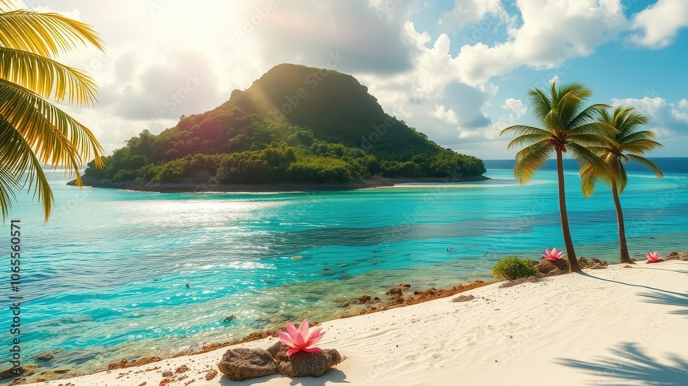Naklejka premium A tranquil beach scene with palm trees, a lush island, and crystal-clear turquoise water, all bathed in the warm glow of the sun