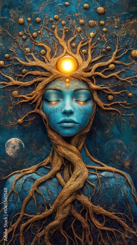 Third eye glowing with spiritual roots and branches, AI generated photo