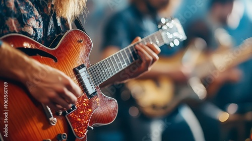 Close-up of guitarist playing in a live music setting