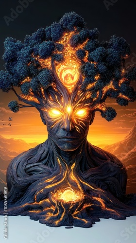 Third eye glowing with spiritual roots and branches, AI generated photo