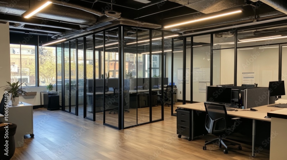 Modern and Sleek Office Space with Glass Partitions and High-Tech Equipment Modern and Sleek Office Space with Glass Partitions and High-Tech Equipment