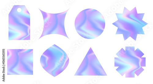 Set of holographic stickers. Vector futuristic retro elements. Hologram labels of different geometric shapes with iridescent foil adhesive film.