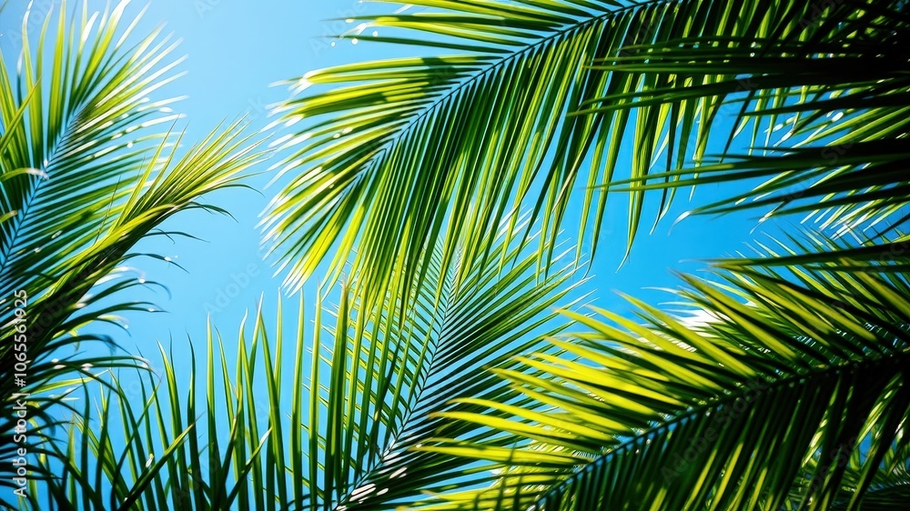 Fototapeta premium Palm fronds reach up towards a bright blue sky, their vibrant green leaves creating a natural frame for the summer sun.