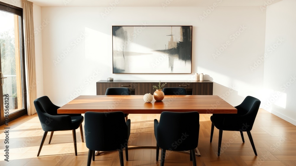 Sunlight streams through a large window onto a minimalist dining room with a wooden table, black chairs, and a piece of abstract art above a cabinet Sunlight streams through a large window onto a minimalist dining room with a wooden table, black chairs, and a piece of abstract art above a cabinet