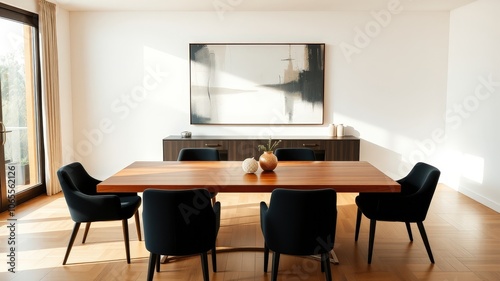 Sunlight streams through a large window onto a minimalist dining room with a wooden table, black chairs, and a piece of abstract art above a cabinet