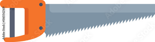 Hand saw with an orange handle is lying horizontally, ready for carpentry and woodworking projects