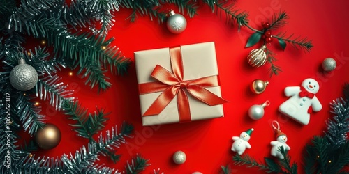 A Festive Gift Box Nestled Amidst a Delicate Arrangement of Evergreen Branches and Glittering Baubles on a Vibrant Red Background