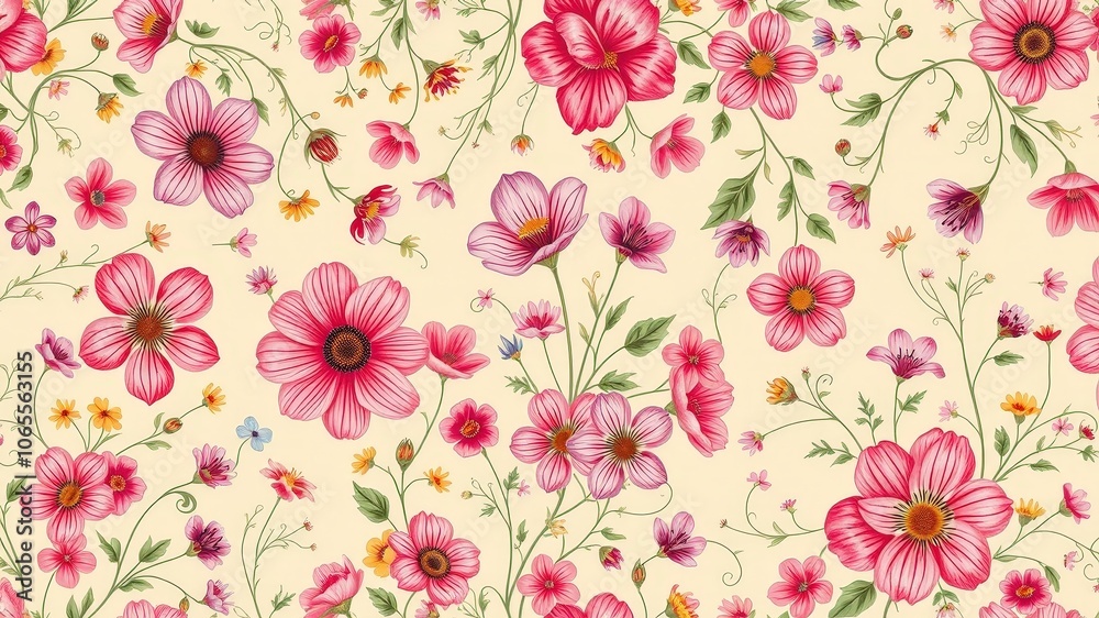A delicate floral pattern featuring pink flowers in various shades with intricate green stems and tiny yellow blossoms on a soft yellow background. A delicate floral pattern featuring pink flowers in various shades with intricate green stems and tiny yellow blossoms on a soft yellow background.