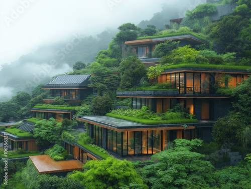 A high-rise building with a green roof and solar panels photo