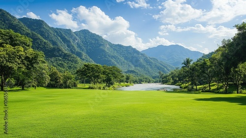 Wallpaper Mural Verdant green lawn with pristine river and mountain scenery, capturing a picturesque scene perfect for promotional materials Torontodigital.ca
