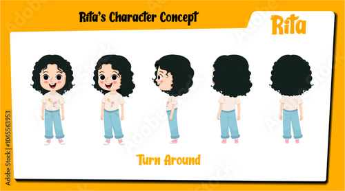 Turnaround girl character. Girl turnaround model sheet. Clipart, graphic, illustration.
