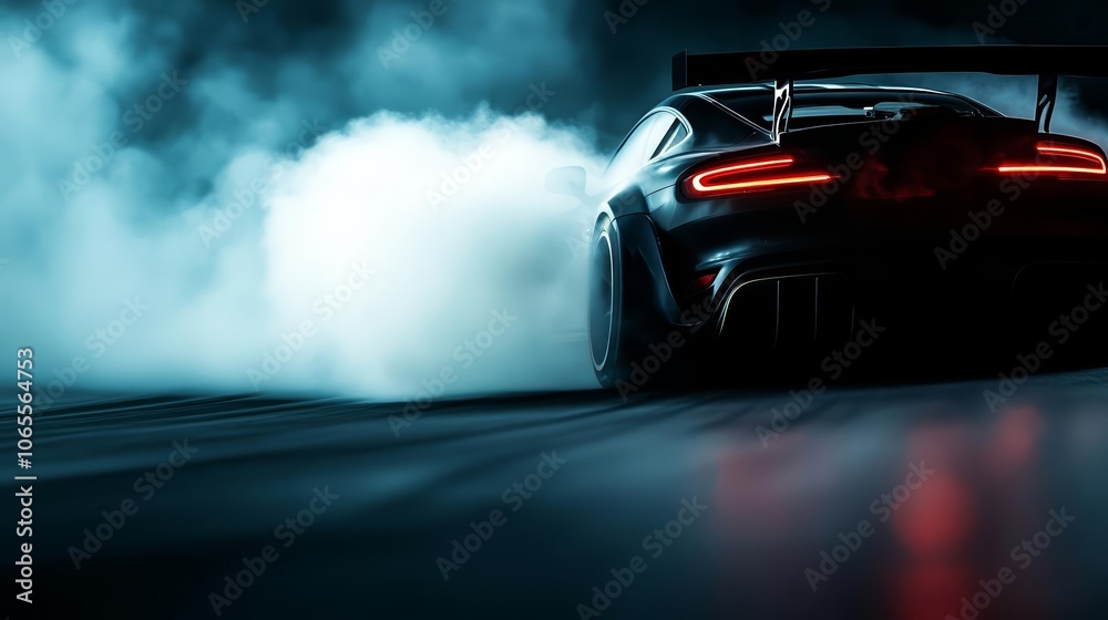 Obraz premium Supercar burning rubber during a power drift, with tire smoke swirling around in dramatic lighting