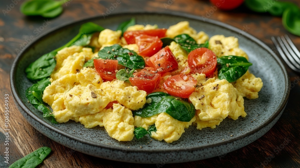 Scrambled Eggs with Tomatoes and Spinach on a Plate Scrambled Eggs with Tomatoes and Spinach on a Plate