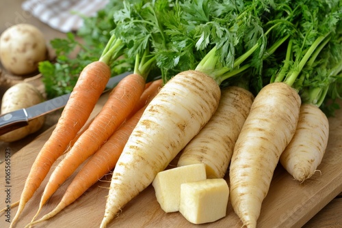 A selection of fresh carrots and parsnips with green leafy tops are artistically displayed on a wooden board, celebrating root vegetables and rustic appeal. photo