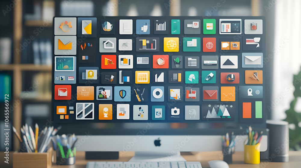 Colorful app icons on a computer screen in an office setting. Colorful app icons on a computer screen in an office setting.