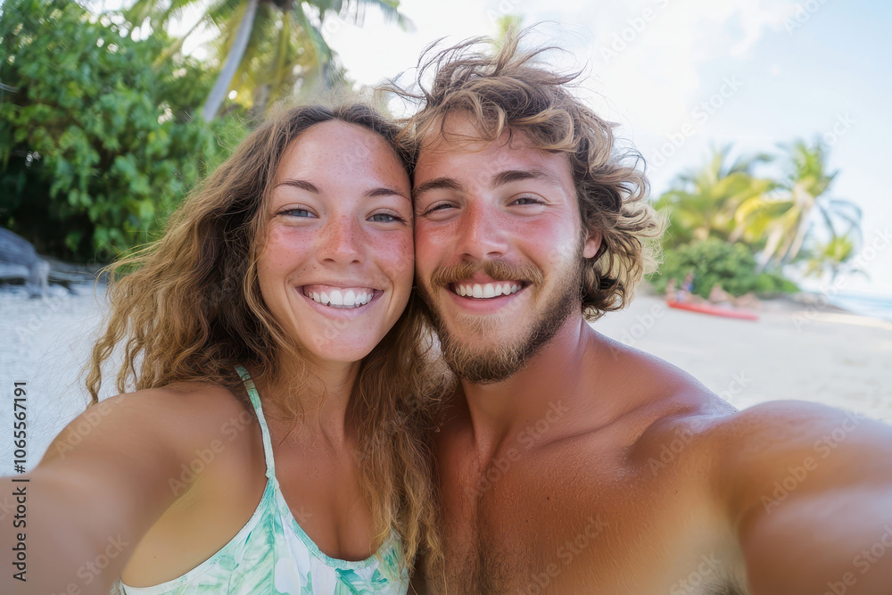 Fototapeta premium Happy couple taking a tropical beach selfie during Christmas vacation