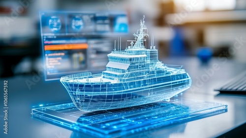 A holographic 3D model of a ship displayed on a digital interface in a modern workspace.