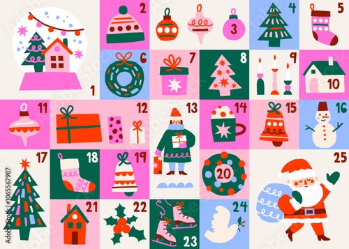 Christmas Advent calendar vector template. Printable advent calendar with hand drawn elements Santa Claus, snow globe, Christmas tree, ornaments and gifts