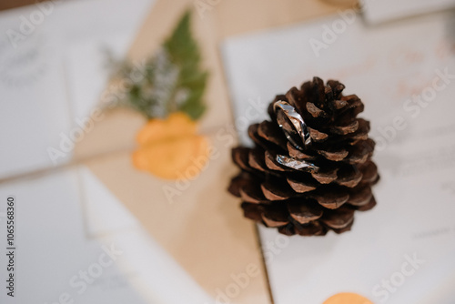 Wedding rings on pine cones