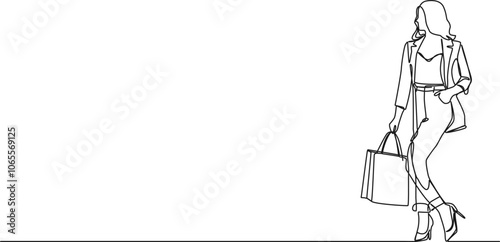 continuous single line drawing of stylish woman with shopping bags, line art vector illustration
