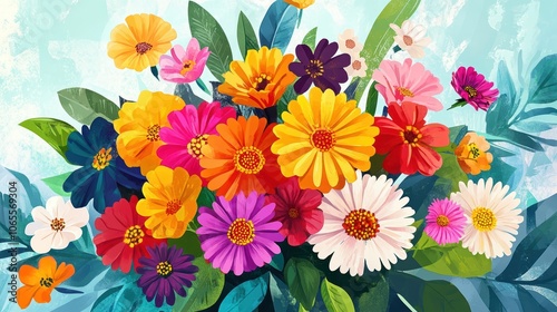 Banner design for a flower shop, featuring a bouquet of colorful, whimsical flowers like daisies and zinnias, with playful typography and vibrant colors to attract attention photo