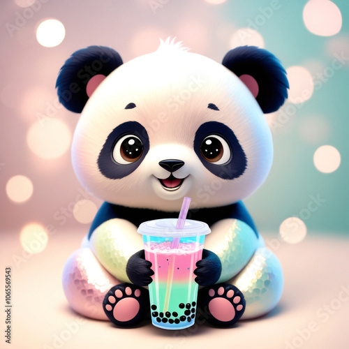 cute panda drinks a colored milkshake from a large glass through a straw. pastel colors, blurred background, bokeh