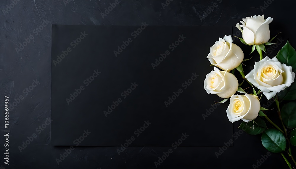 Blank condolence card, sympathy card, memorial card, greeting card with fresh Roses on the dark and neutral background floral concept. Empty place for a text.