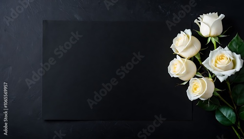Obraz na płótnie Blank condolence card, sympathy card, memorial card, greeting card with fresh Roses on the dark and neutral background floral concept. Empty place for a text. w salonie