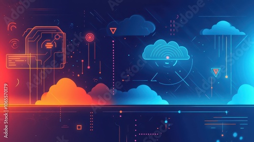 Vibrant Vector Illustration of Weather Alert Consciousness: Electric Blue and Warning Orange Design with Storm Clouds and Radar Symbols. Minimalist, Professional, and Engaging Composition. photo