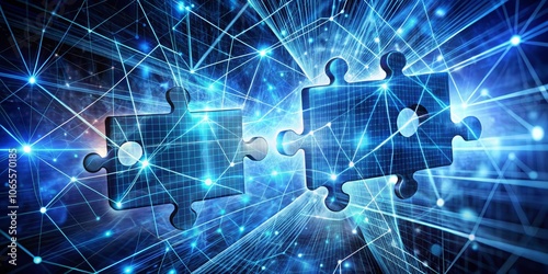 Digital Puzzle Two Interconnected Pieces in a Network of Blue Light