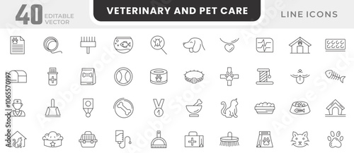 Veterinary and Pet Care line icon set. Pet, vet, pet shop, dog care, training, cat, medicine, hospital, animals, puppy doghouse. Vaccine line icon set. UI thin line icon pack.