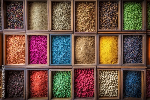 A vibrant display of various spices in wooden containers presents an eye-catching aesthetic, celebrating the diversity and richness of culinary traditions around the globe. photo