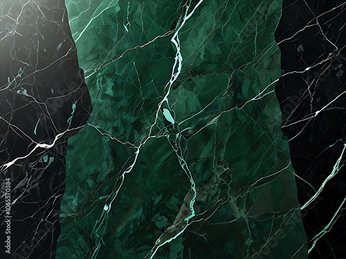 Green marble with veins of silver and gold. Abstract background, mineral texture.