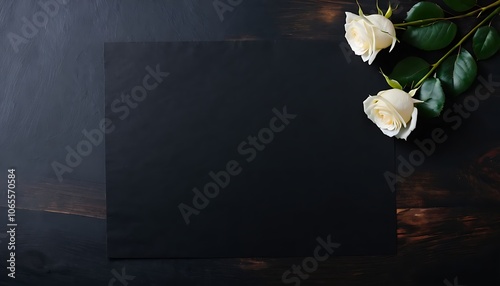 Blank condolence card, sympathy card, memorial card, greeting card with fresh Roses on the dark and neutral background floral concept. Empty place for a text.