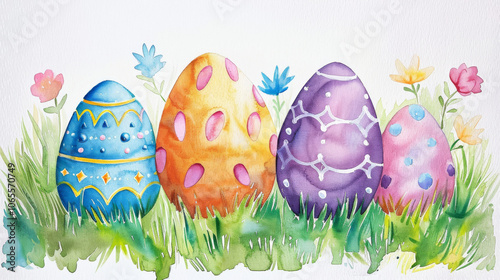 Colorful decorative eggs nestled in vibrant grass with flowers, perfect for Easter celebrations and festive decor.