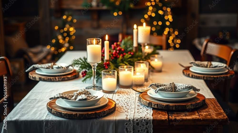 A rustic holiday tablescape with candles, evergreen branches, and elegant place settings on wooden chargers. A rustic holiday tablescape with candles, evergreen branches, and elegant place settings on wooden chargers.