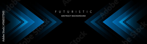 A black backdrop with an abstract blue arrow. geometric graphic design in the present day. forms that change. A futuristic concept in technology. horizontal banner template. Vector illustration.