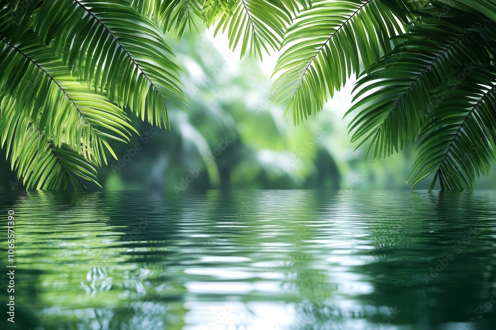 Fototapeta premium Serene Tropical Landscape with Palm Leaves and Water Reflection