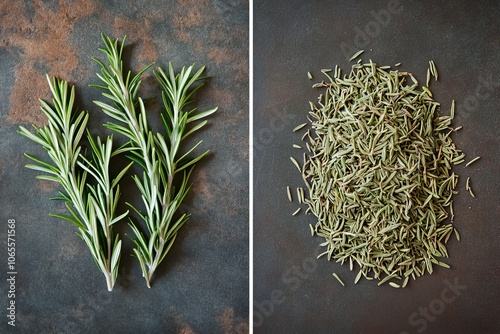 This image displays fresh rosemary sprigs set against dried rosemary, highlighting the culinary and aromatic uses of this versatile and fragrant herb. photo