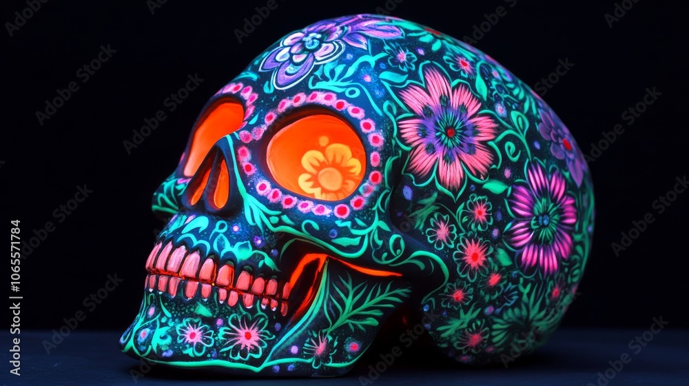 Fluorescent Skull Decorated with Floral Pattern Fluorescent Skull Decorated with Floral Pattern