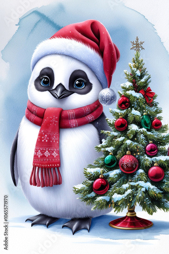 a very cute New Year's penguin in a hat and a red scarf on a neutral blue background holds a Christmas tree with decorations